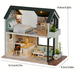 Wooden House Model Kit w/ Furniture Lights & 3D Puzzle - Kids Gift