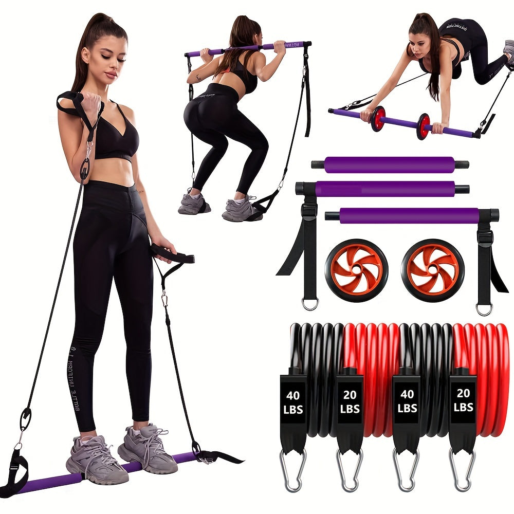 Pilates Bar Kit & Resistance Bands Fitness Set with Ab Roller