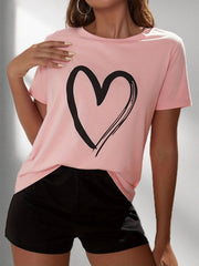 Heart Print Lounge Set Short Sleeve Top & Shorts Women's Sleepwear