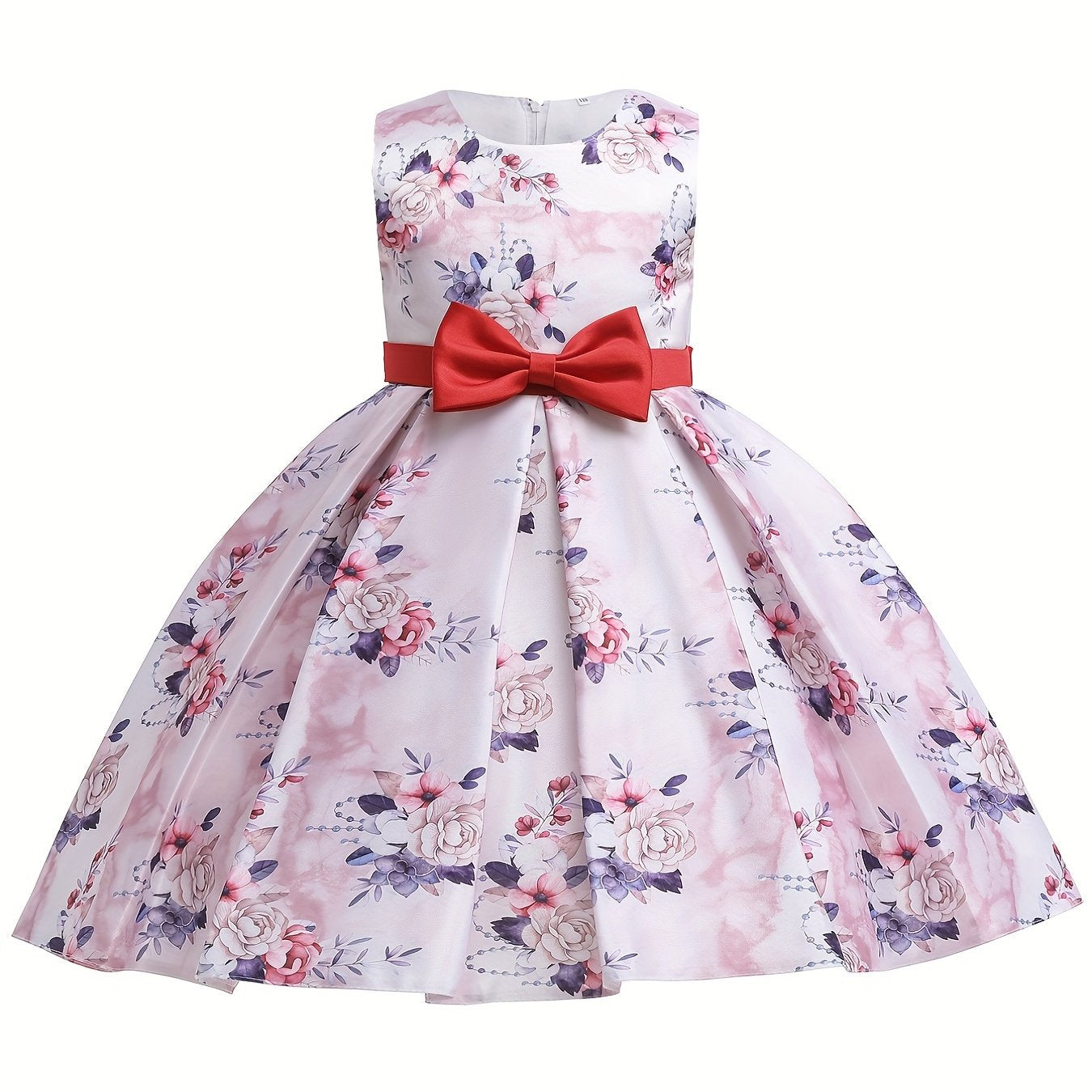 Girls Satin Flower Print Princess Dress Bow Front Evening Dress