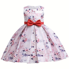 Girls Satin Flower Print Princess Dress Bow Front Evening Dress