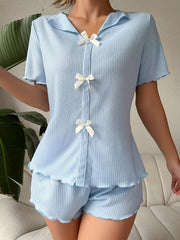 Bow Ribbed Lounge Set Top & Shorts Women's Loungewear