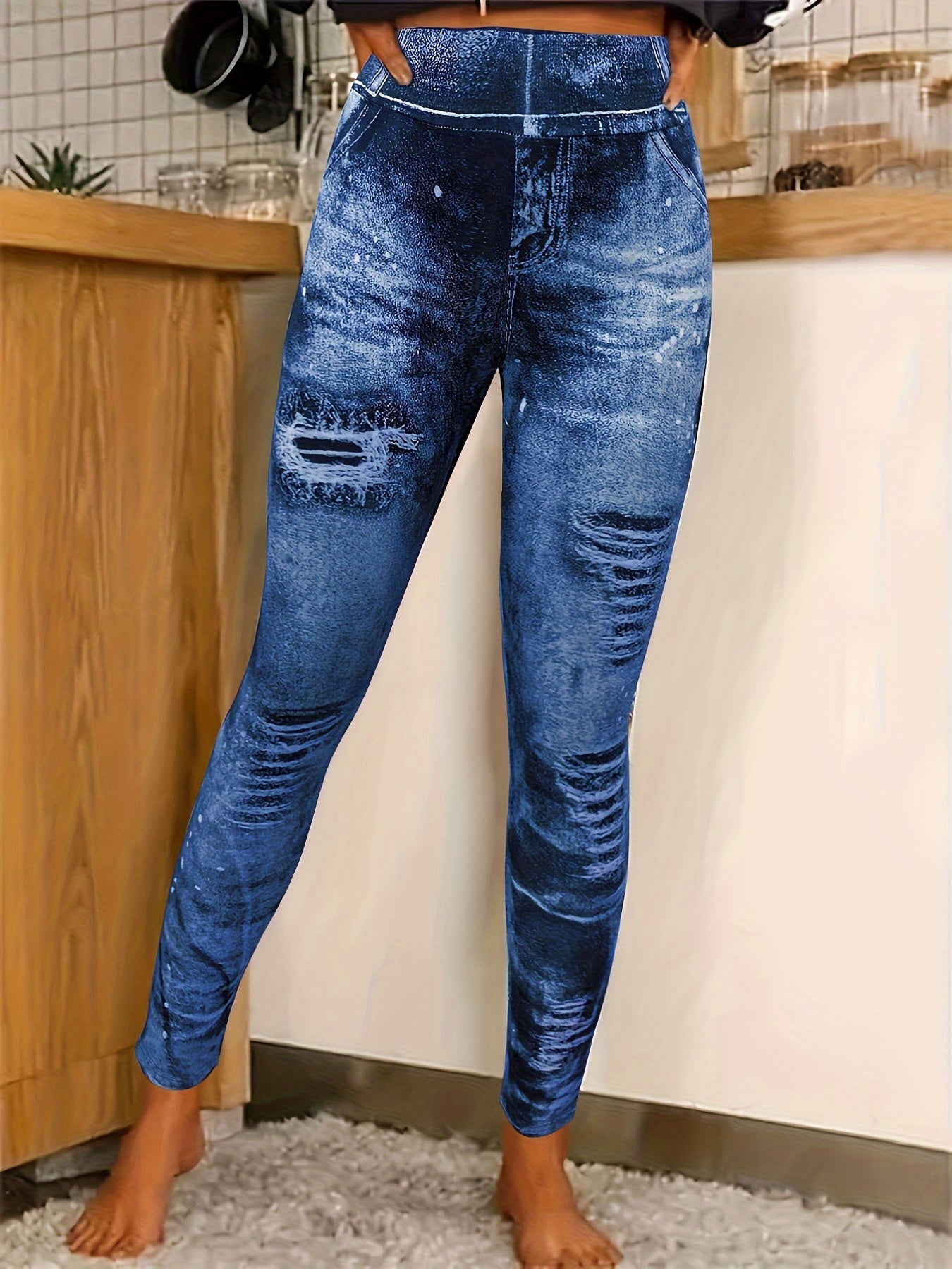 Denim Stretch Leggings Tummy Control Butt Lifting Workout Yoga Pants