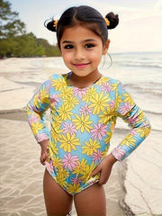 Flower Print Long Sleeve Swimsuit for Girls