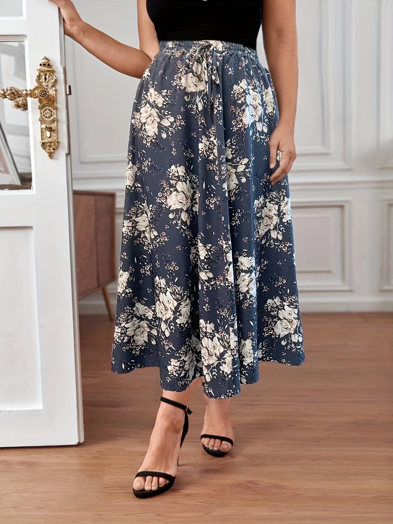 Women's Plus Floral Print Pleated Maxi Skirt
