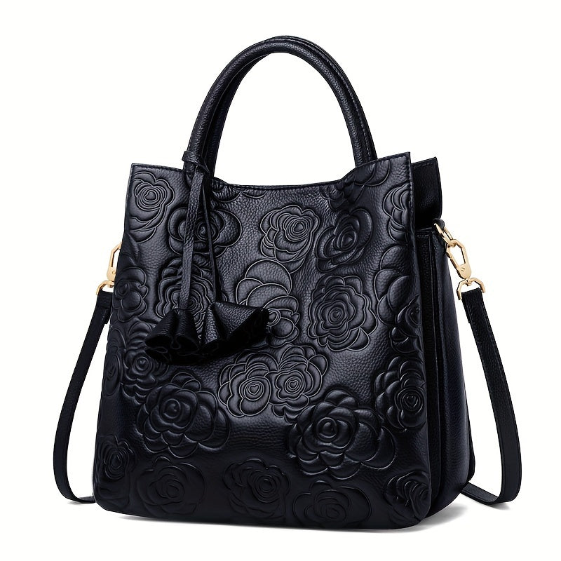 Vintage Floral Print Leather Women's Handbag Large Capacity Messenger Tote