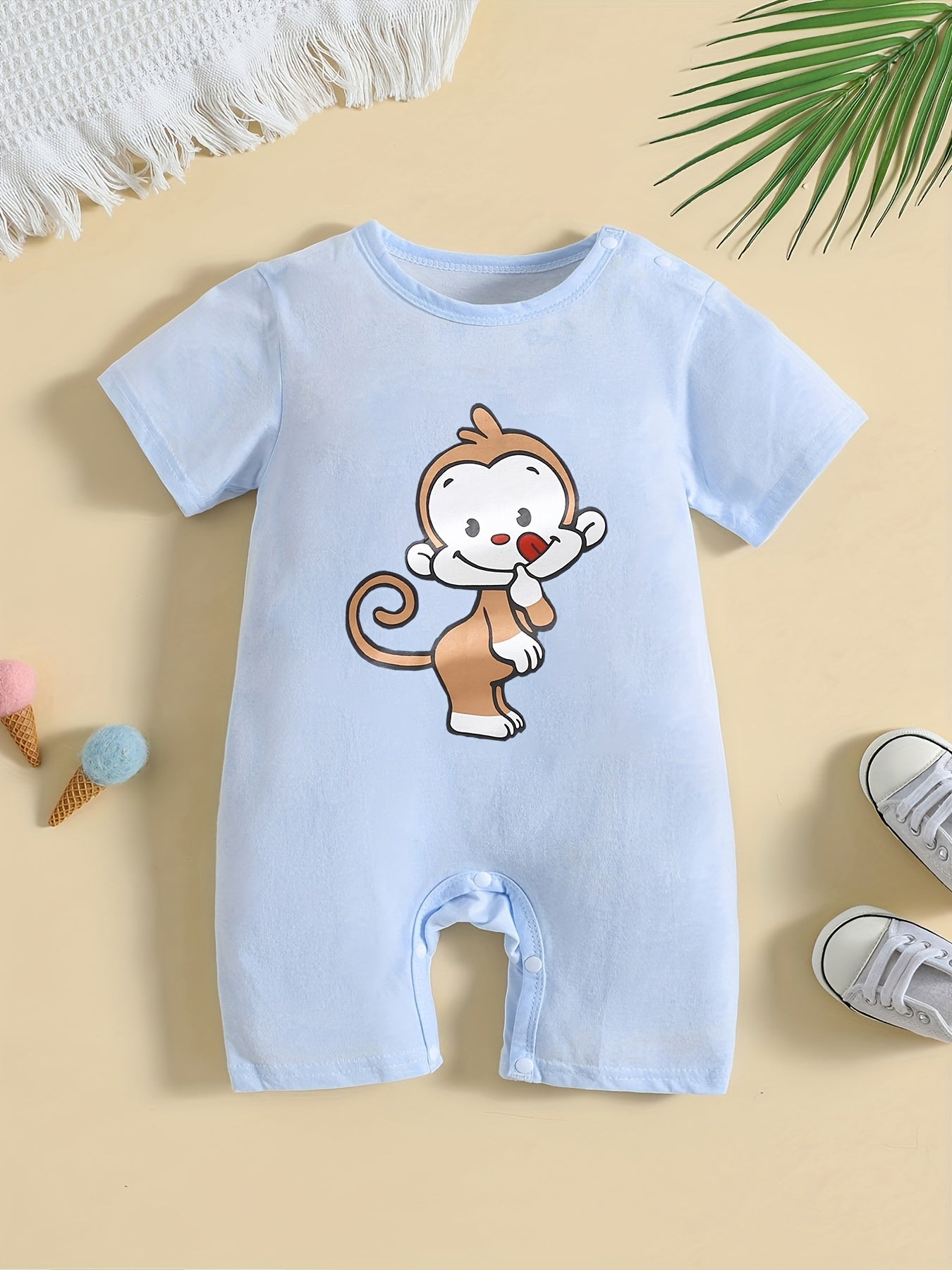 Monkey Cartoon Print Cotton Baby Jumpsuit Short Sleeved Newborn Onesie
