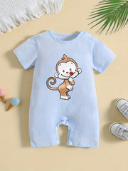 Monkey Cartoon Print Cotton Baby Jumpsuit Short Sleeved Newborn Onesie