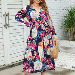 Plus Tropical Print Flounce Sleeve Maxi Dress With Belt