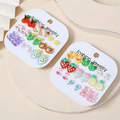 9 Pairs Teen Cartoon Charm Stud Earrings for Girls
