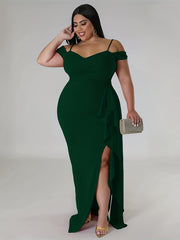 Sexy Dress Women's Plus Solid Cold Shoulder V Neck Split Dress