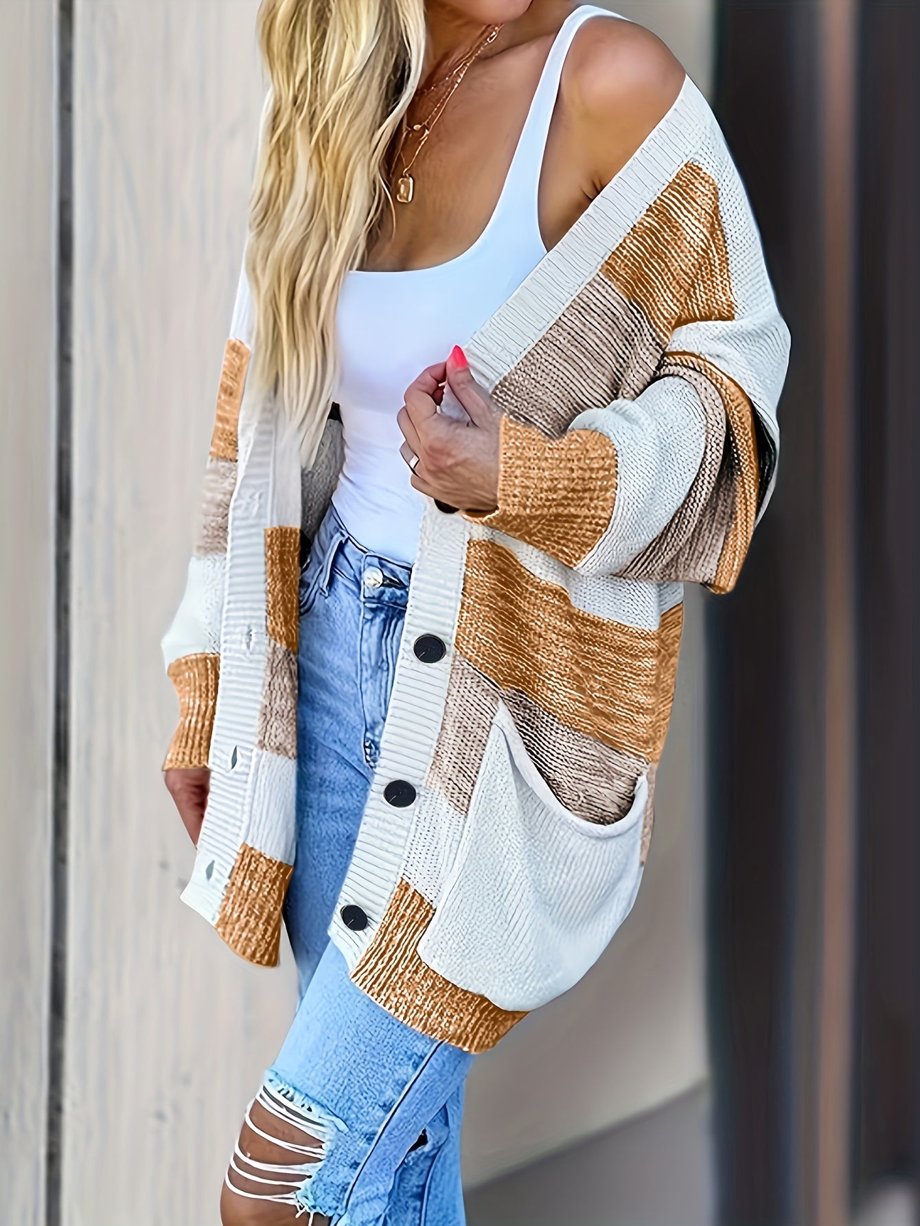 Striped Button Up Pocket Cardigan Long Sleeve Sweater