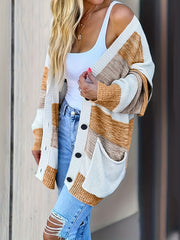 Striped Button Up Pocket Cardigan Long Sleeve Sweater