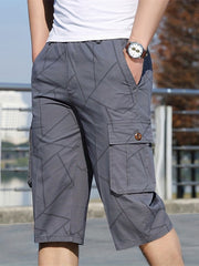 Geometric Pattern Cotton Cargo Shorts Men's Casual Pocket Waist Drawstring Cargo