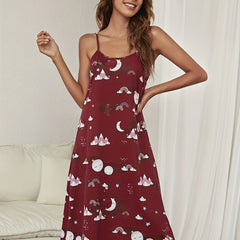 Starry Print Backless Nightdress Crew Neck Sleep Dress