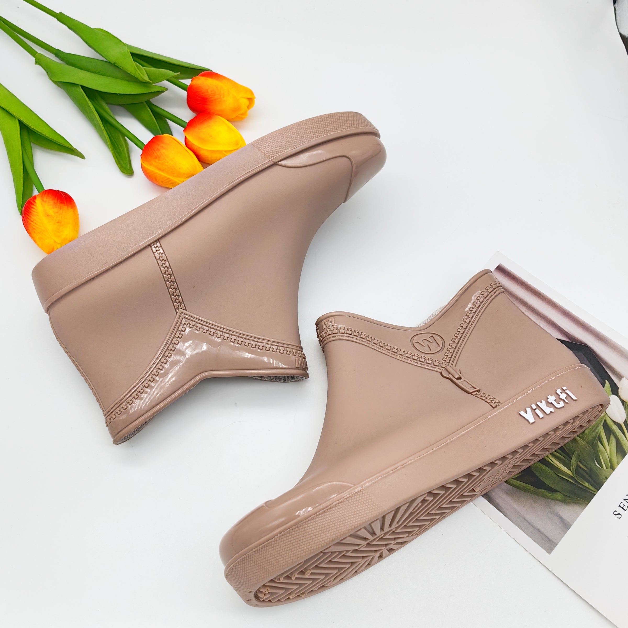 Women's Zipper Rain Boots Low Cut Round Toe Short Boots Waterproof Shoes