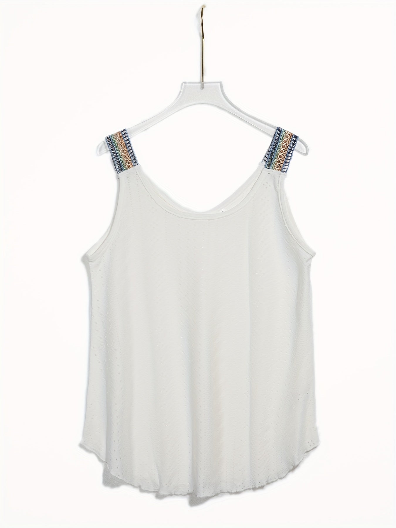 Eyelet Lace Stitching Tank Top Crew Neck Casual Top Women's Clothing