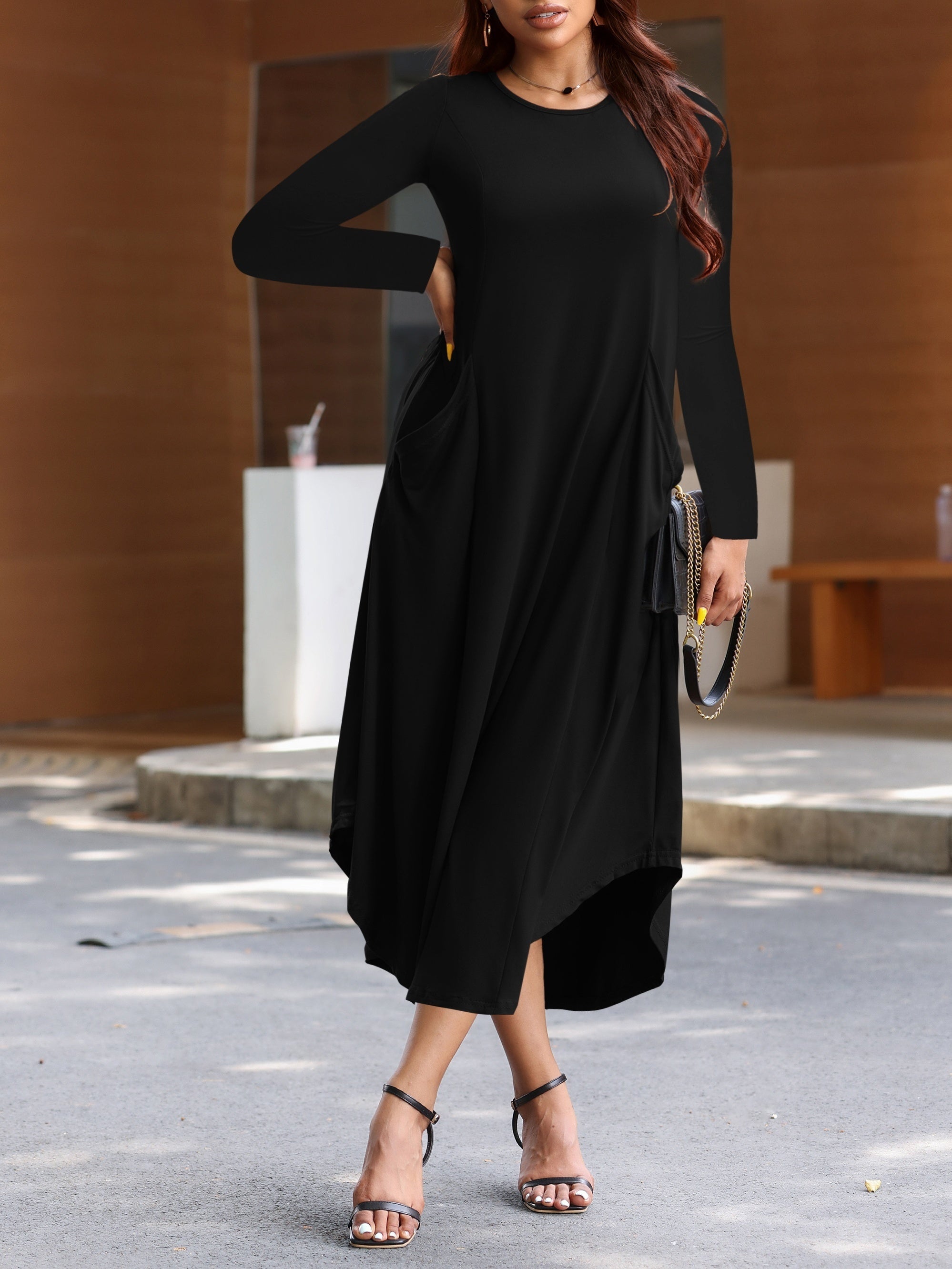 Solid Long Sleeve Casual Dress with Pockets