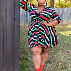 Dress Women's Plus Graphic Print Long Sleeve V Neck High Stretch Dress