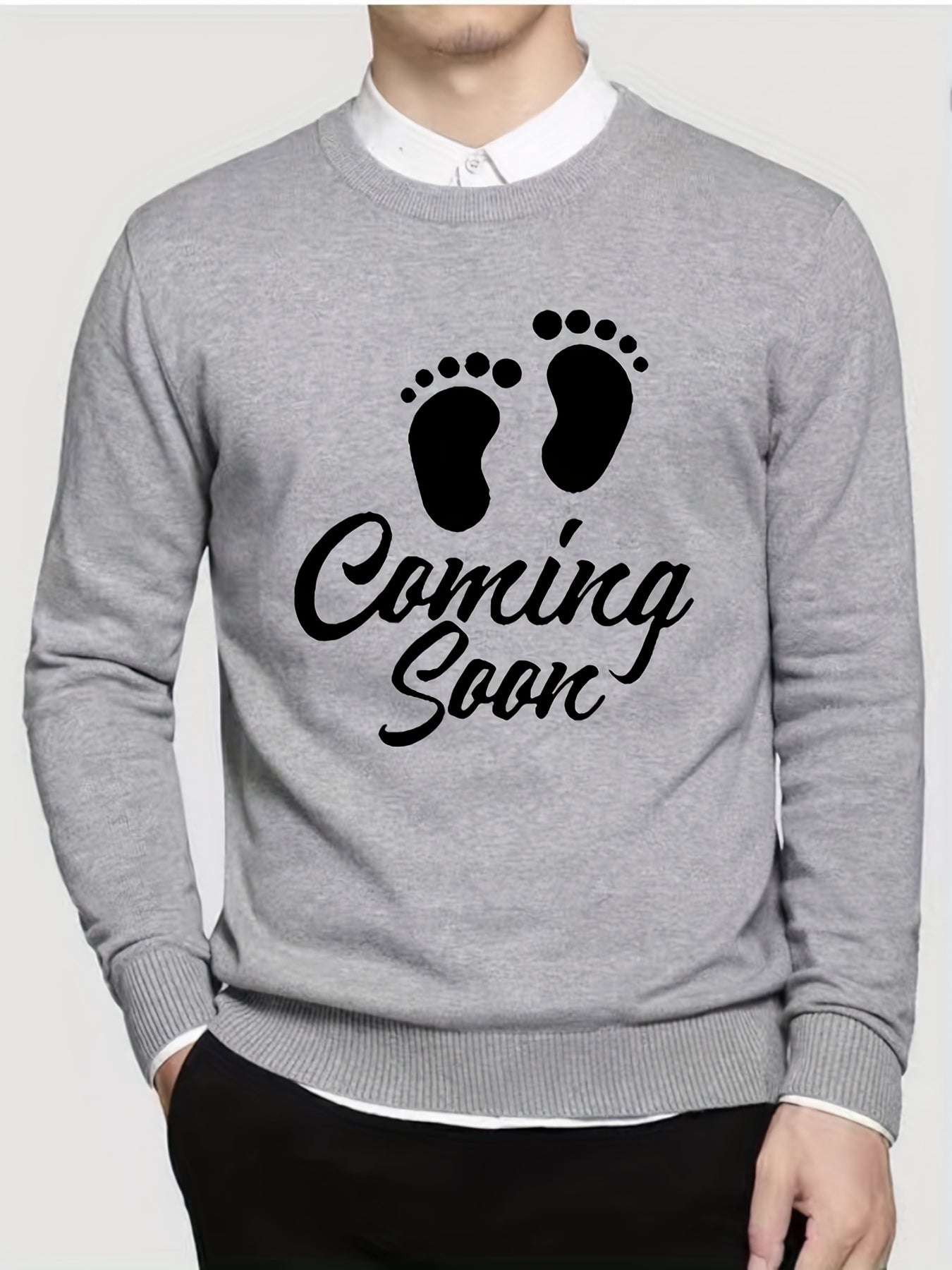 Baby Footprint Coming Soon Print Knitted Sweater Men's Warm Mid