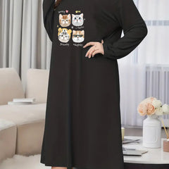 Nightdress Women's Plus Cats Print Long Sleeve Round Neck