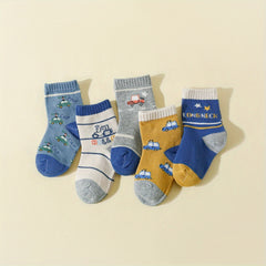 5 Pairs of Car Pattern Socks for Boys - All Seasons