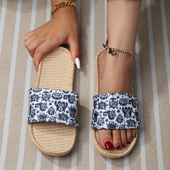 Women's Cartoon Pattern Slippers Casual Open Toe Slip On Linen Slide Sandals