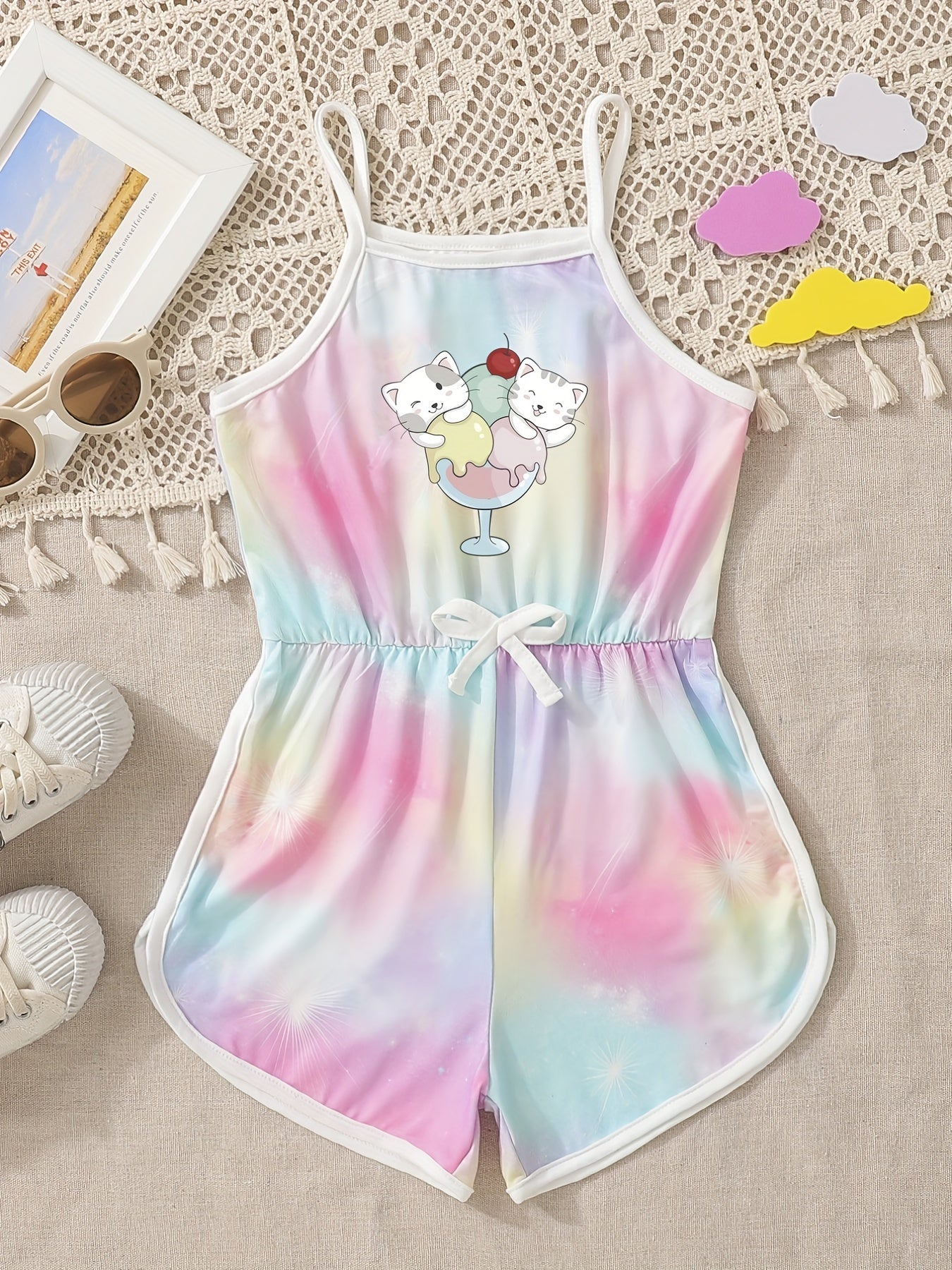 Toddler Girls Tie Dye Ice Cream Cat Romper Jumpsuit