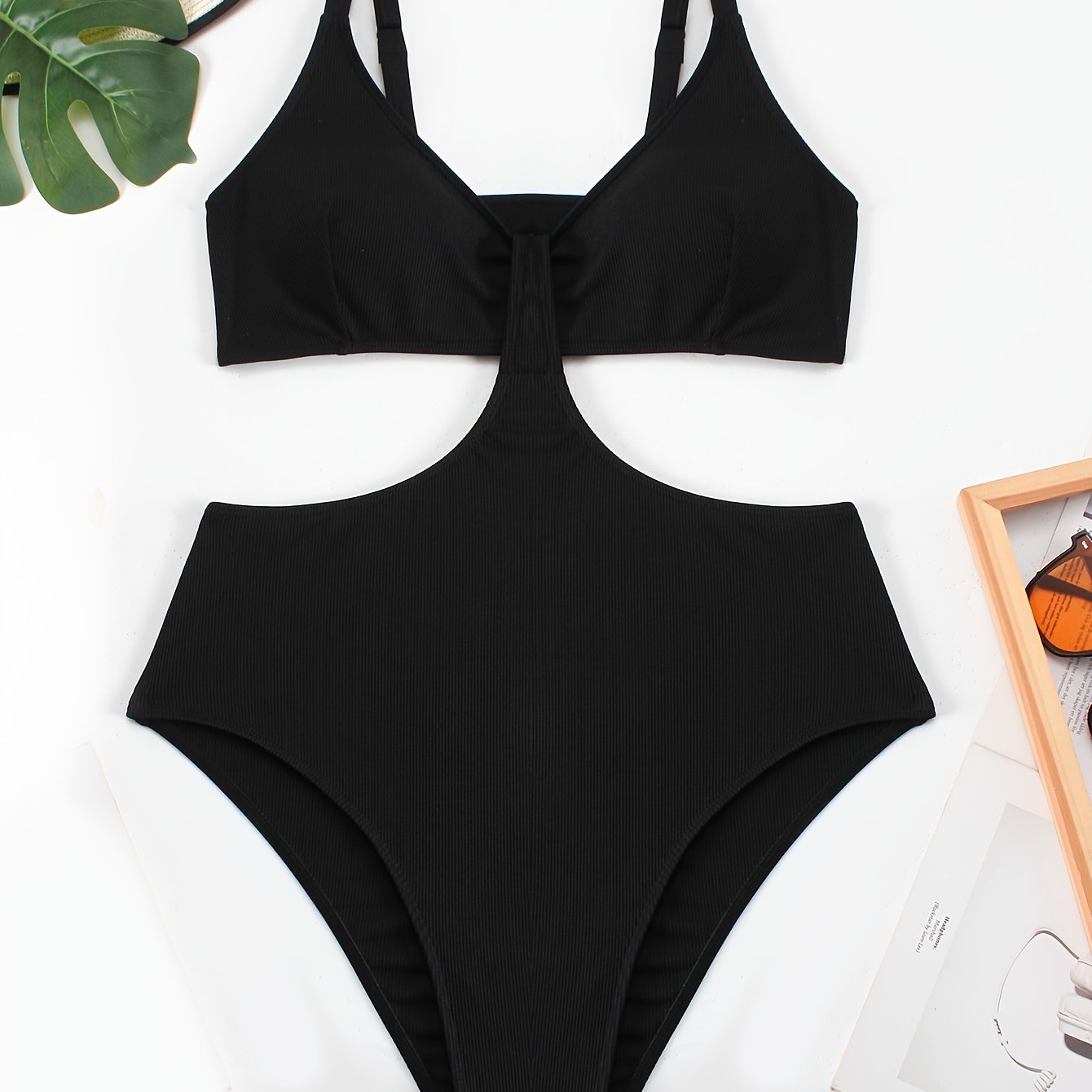 Sexy Swimsuit Women's Cut Out Waist Ribbed Knit One Piece Bathing Suit