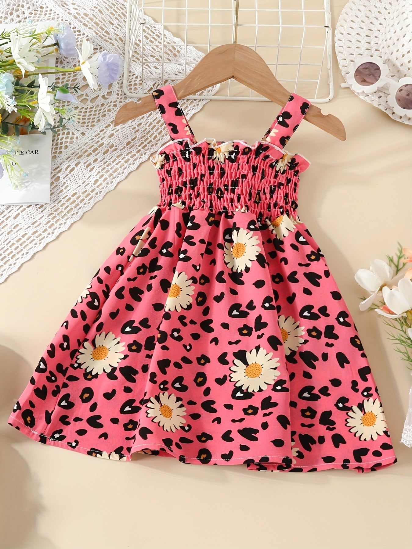 Toddler Girls Leopard Flowers Graphic Frill Trim Cami Dress