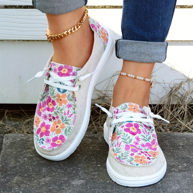 Floral Print Loafers Lace Up Canvas Shoes