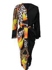 Women's Long Sleeve V Neck Button Print Dress