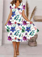 Floral A Line Dress V Neck Short Sleeve Midi