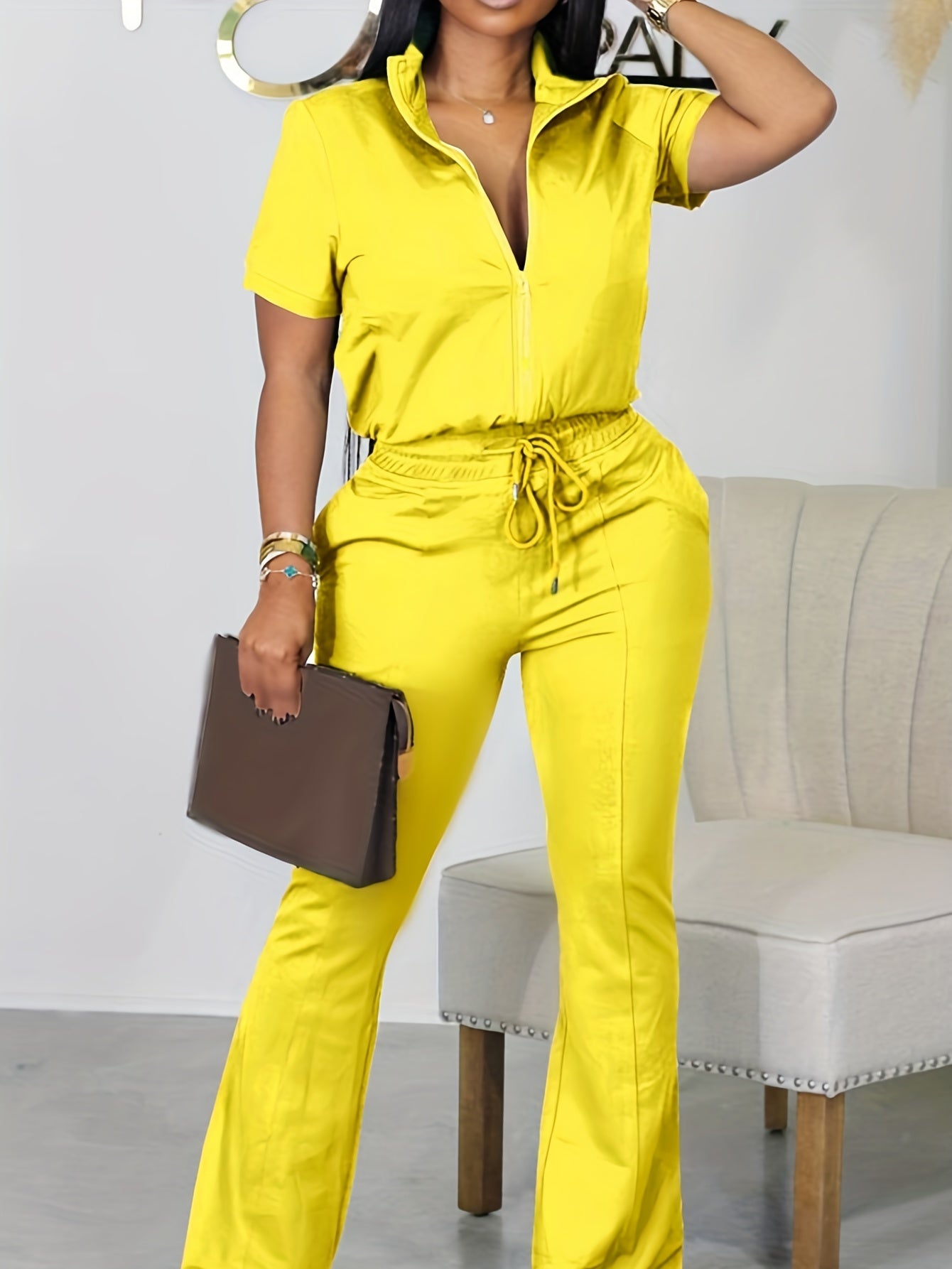 Casual Two Piece Set Zip Up Short Sleeve Tops & Drawstring Flared Leg Pant