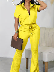 Casual Two Piece Set Zip Up Short Sleeve Tops & Drawstring Flared Leg Pant
