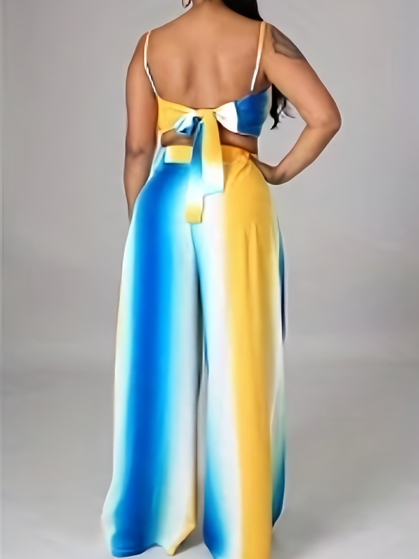 Women's Ombre Print Tie Back Crop Cami Top & Wide Leg Pants Set