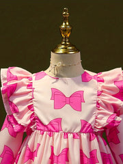 Sweet Bow Allover Princess Dress For Kid Girls Ruffle Trims Casual Dresses