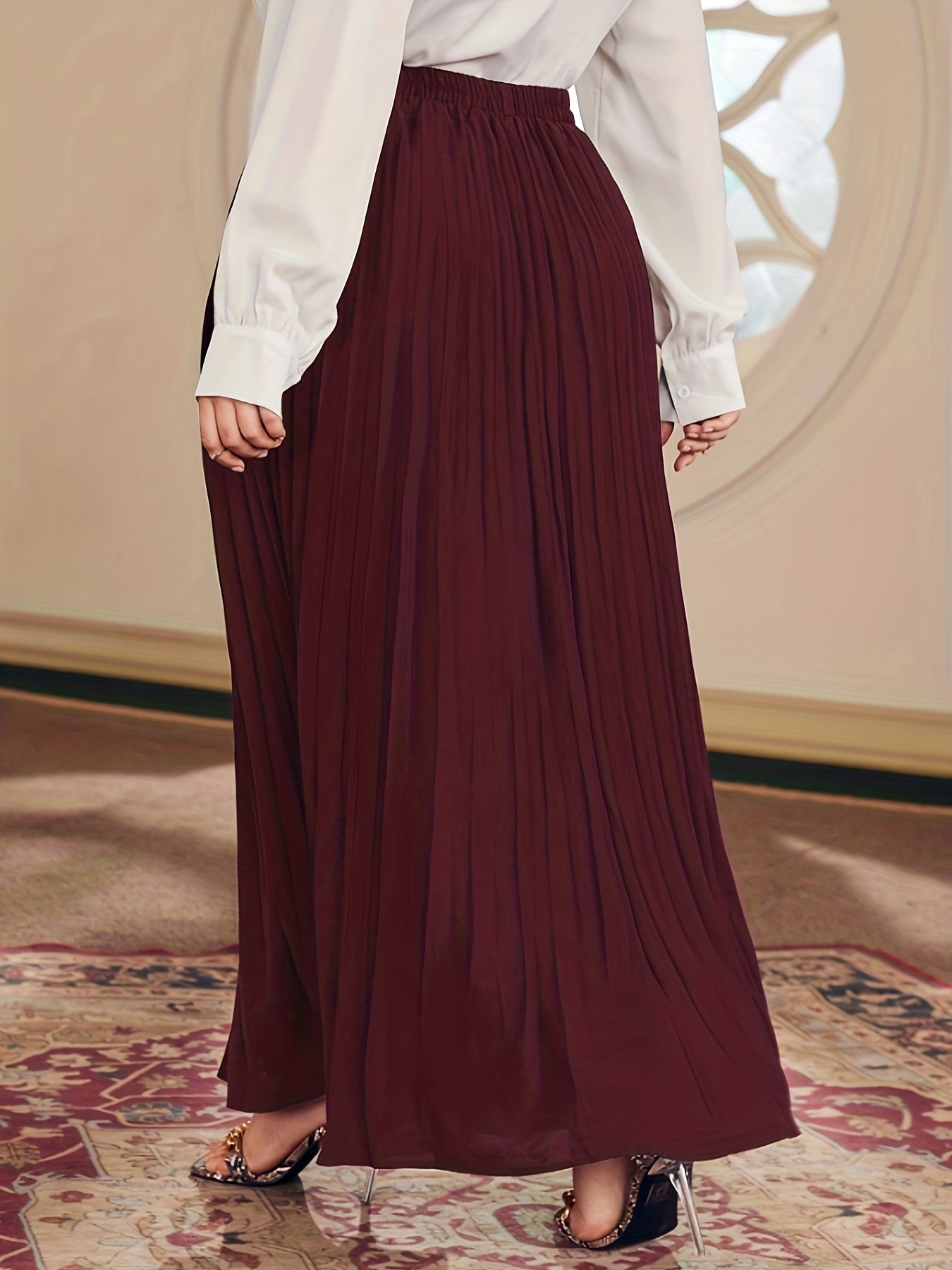 Solid Elastic High Rise Pleated Maxi Skirt Plus Size