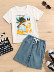 Boys 2pcs Beach Print T Shirt & Shorts Set for Summer Kids