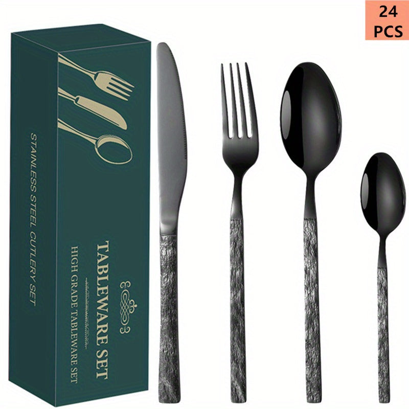 24pcs Stone Grain Stainless Steel Tableware Set, 6 Person, Dishwasher Safe