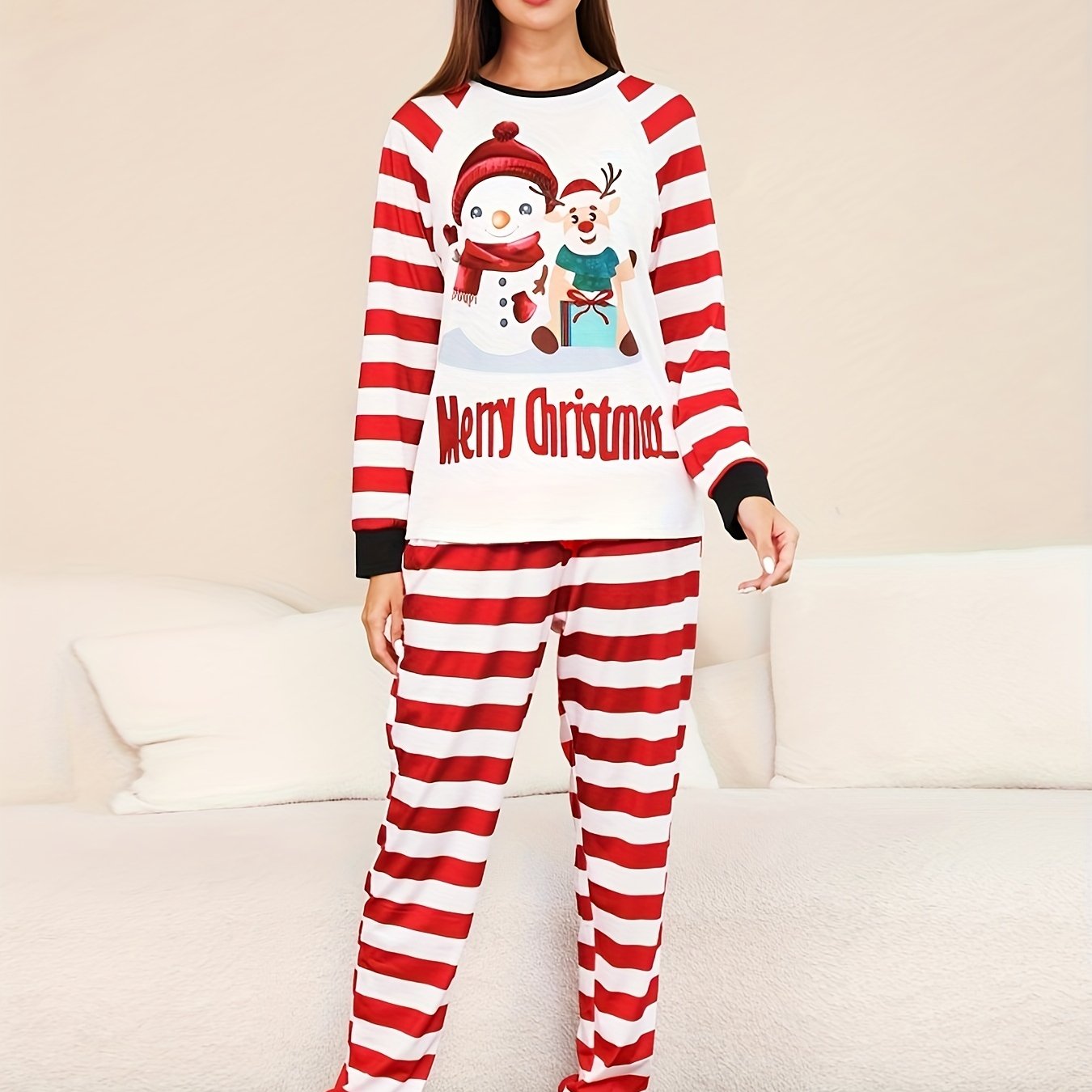 Christmas Print Pajama Set Long Sleeve Crew Neck Top & Striped Pants
