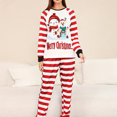 Christmas Print Pajama Set Long Sleeve Crew Neck Top & Striped Pants