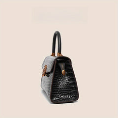 Faux Alligator Grain Handbag with Golden Tone Metal Emblems