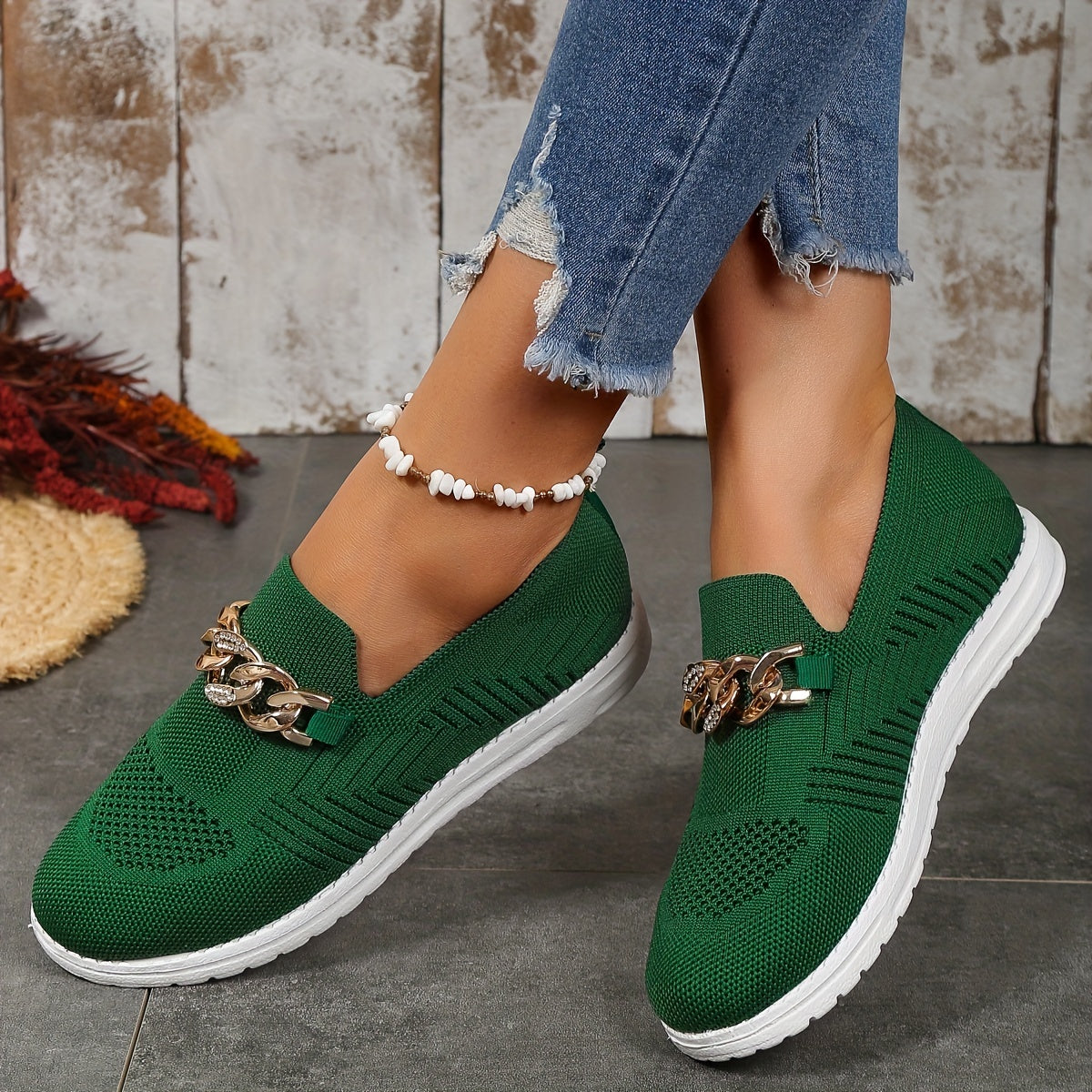 Women's Chain Decor Mesh Slip On Flatform Shoes Lightweight Walking Shoes