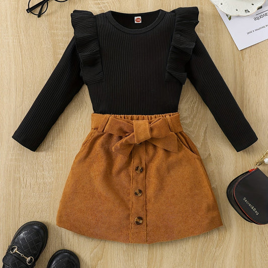 Toddler Girl's Ribbed Top & Corduroy Skirt Set Outfit for Spring Autumn