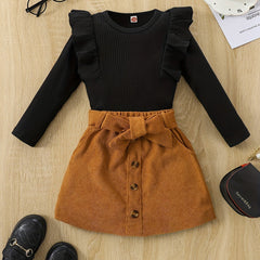 Toddler Girl's Ribbed Top & Corduroy Skirt Set Outfit for Spring Autumn