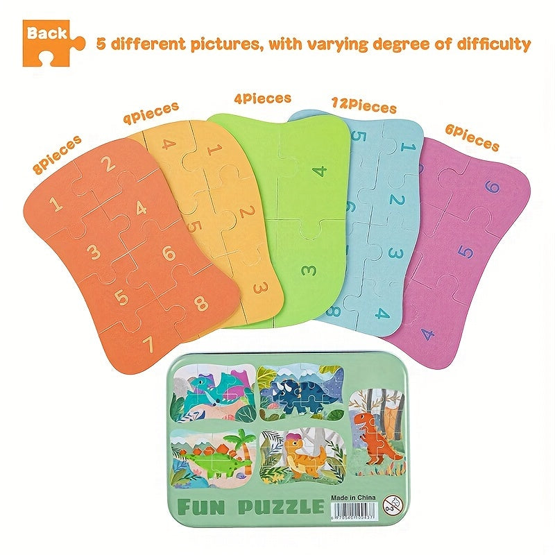 Dinosaur Puzzle Set for Kids Educational Toy in Iron Storage Box
