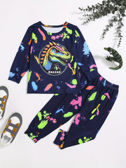 Boy's Dino Graffiti 2pcs Set Long Sleeve Top Casual Outfits For Spring Fall