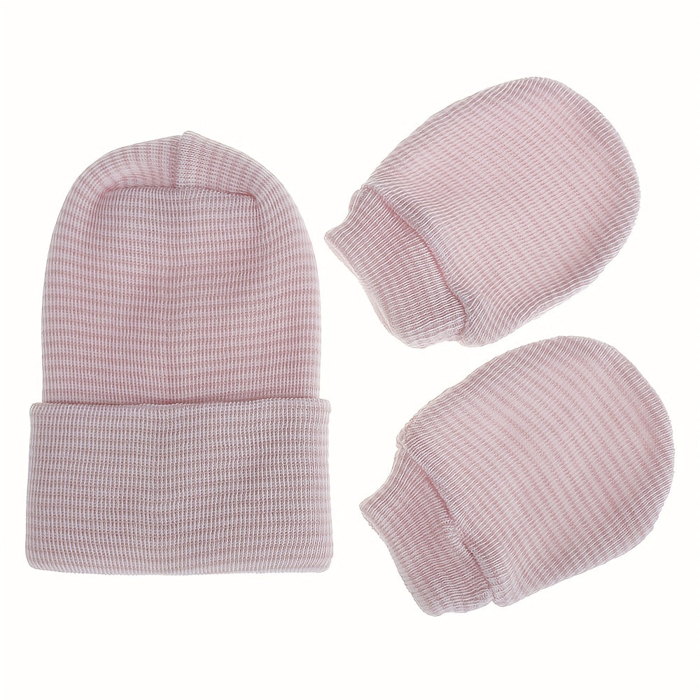 Baby Double Layer Thickened Fetal Cap Newborn Striped Gloves Hat Set