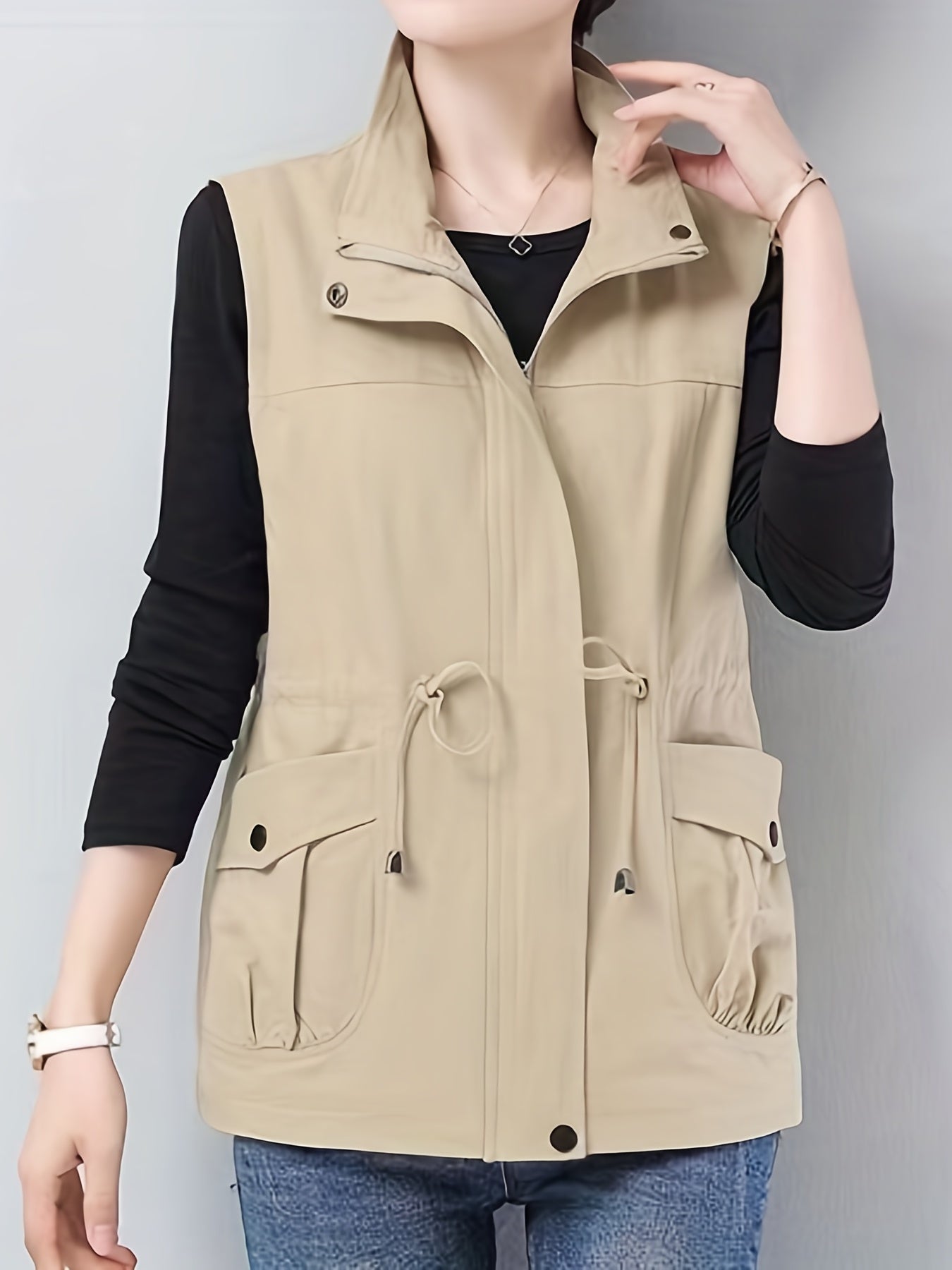 Casual Sleeveless Vest Jacket with Drawstring Waist